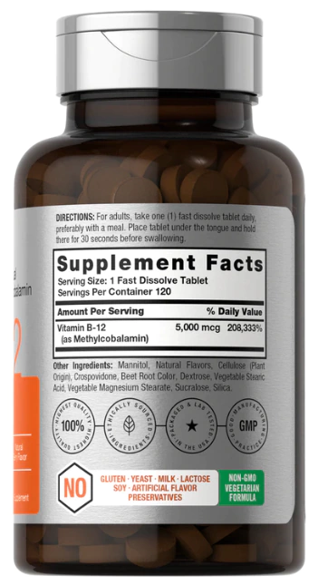 Vitamina B12 sublingual 5000 mcg x 120 tabletas - Imagen 2